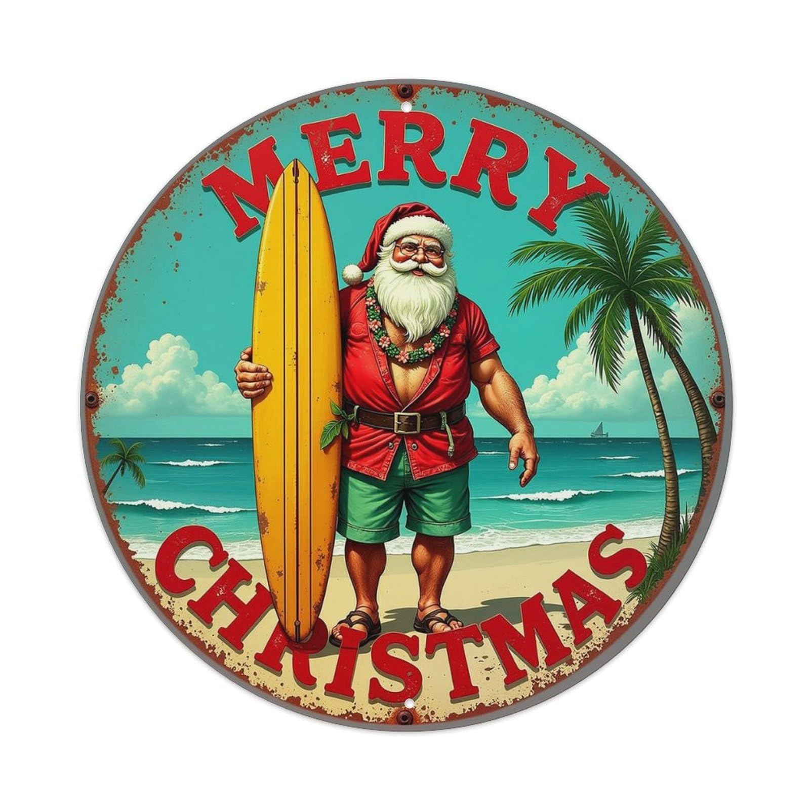Santa Surfing Tropical Beach Christmas Vintage Round Tin Sign Retro Metal Wall Decor Metal Poster, Home Bar Garage Cafe Wall Art Decoration 8x8Inches