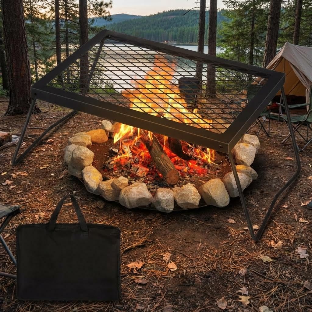 Aptliton Black Swivel Campfire Grill, Adjustable Height Fire Pit Bbq Grate With Carry Bag, Portable Rotating Camping Grill For Outdoor Campfire Backyard Picnic, (43 * 31Cm)