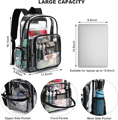 Miniatura 2 de Mimfutu Mochila escolar transparente resistente, mochilas transparentes de PVC transparente para niñas, niños, mujeres y hombres, Negro -, Classic