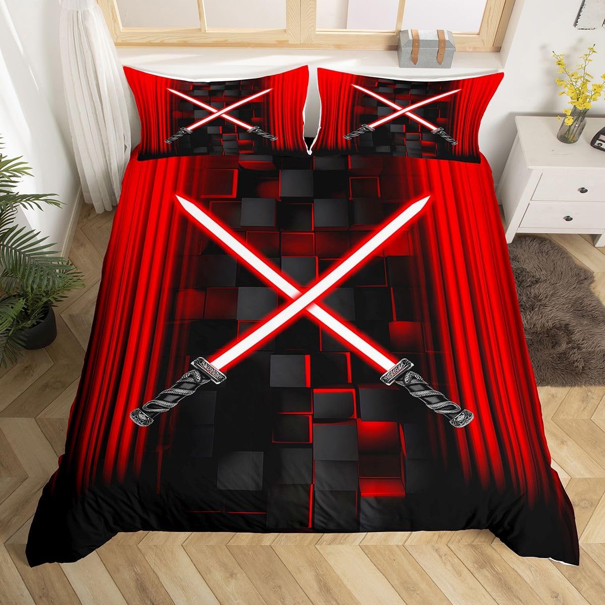 jejeloiu Red and Black Bedding Set Toddler Size Kids Lightsabert Comforter Cover Set for Boys Teens Future Technology Duvet Cover Luxury Bedspread Cover Room Decor,No Comforter