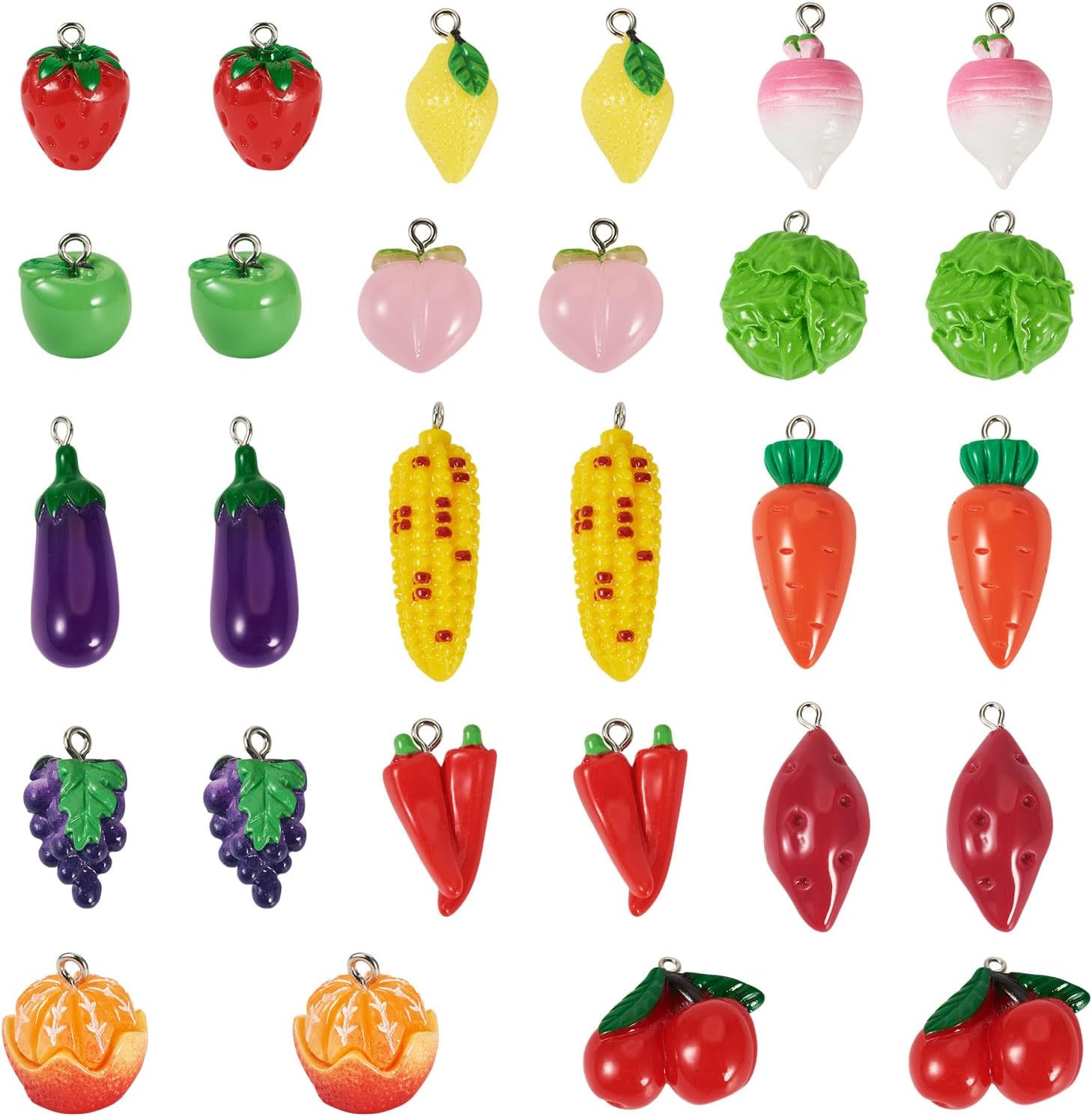 Cheriswelry 28Pcs 3D Resin Vegetable Fruit Pendants Carrot Corn Eggplant Pepper Strawberry Lemon Peach Dangle Charms with Platinum Loops 15-41mm for DIY Keychain Necklace Jewelry Making - Image 7