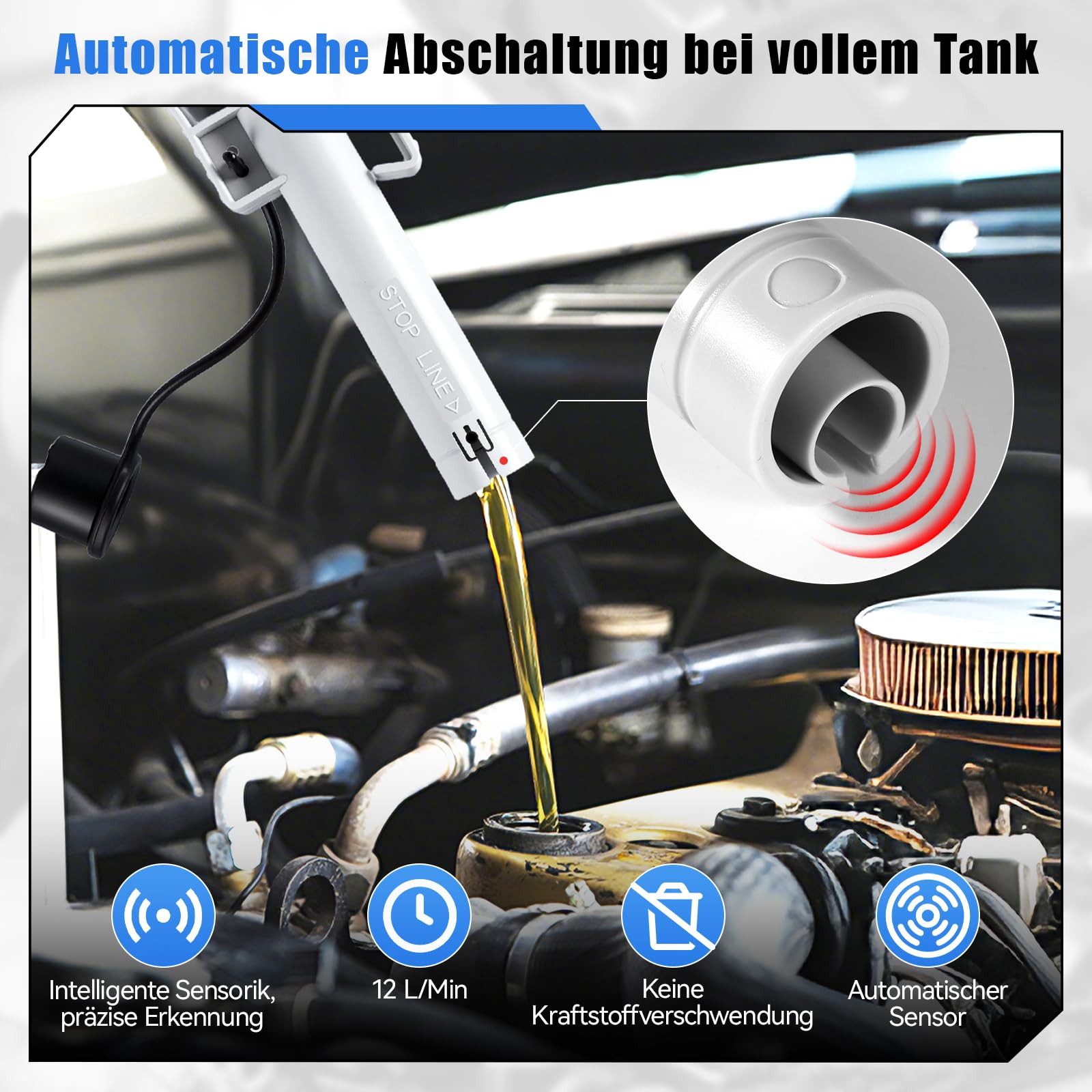Pompe à Essence Électrique à Piles, 3,2 GPM Fuel Transfer Pump pour Essence | Pompe à Carburant avec Capteur d'arrêt Automatique 12 L/min, Tuyau de 1,3 m, 4 Adaptateur de Réservoir pour Diesel, Huile Eau
