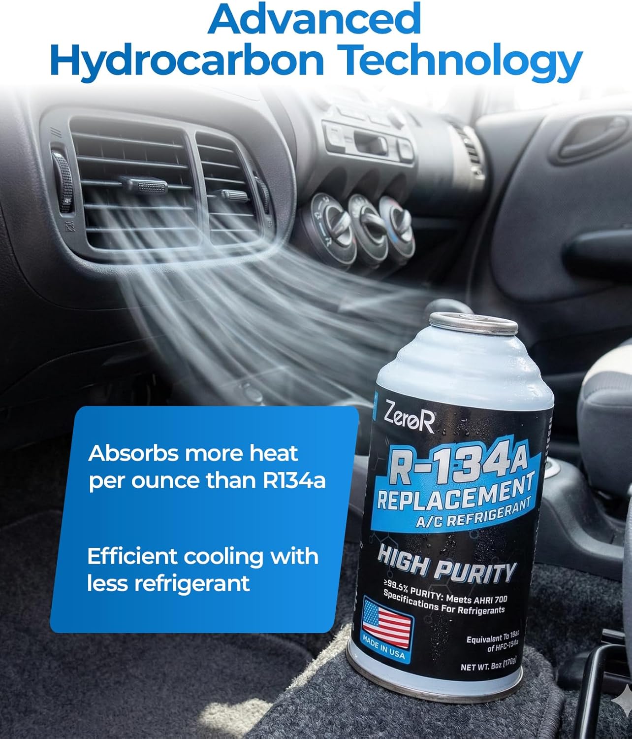 ZeroR® High-Purity R134a Replacement Refrigerant – Eco-Friendly 100% Natural Hydrocarbon A/C Recharge Gas – Compatible with R134a Systems – 12 Cans (6 oz Each)