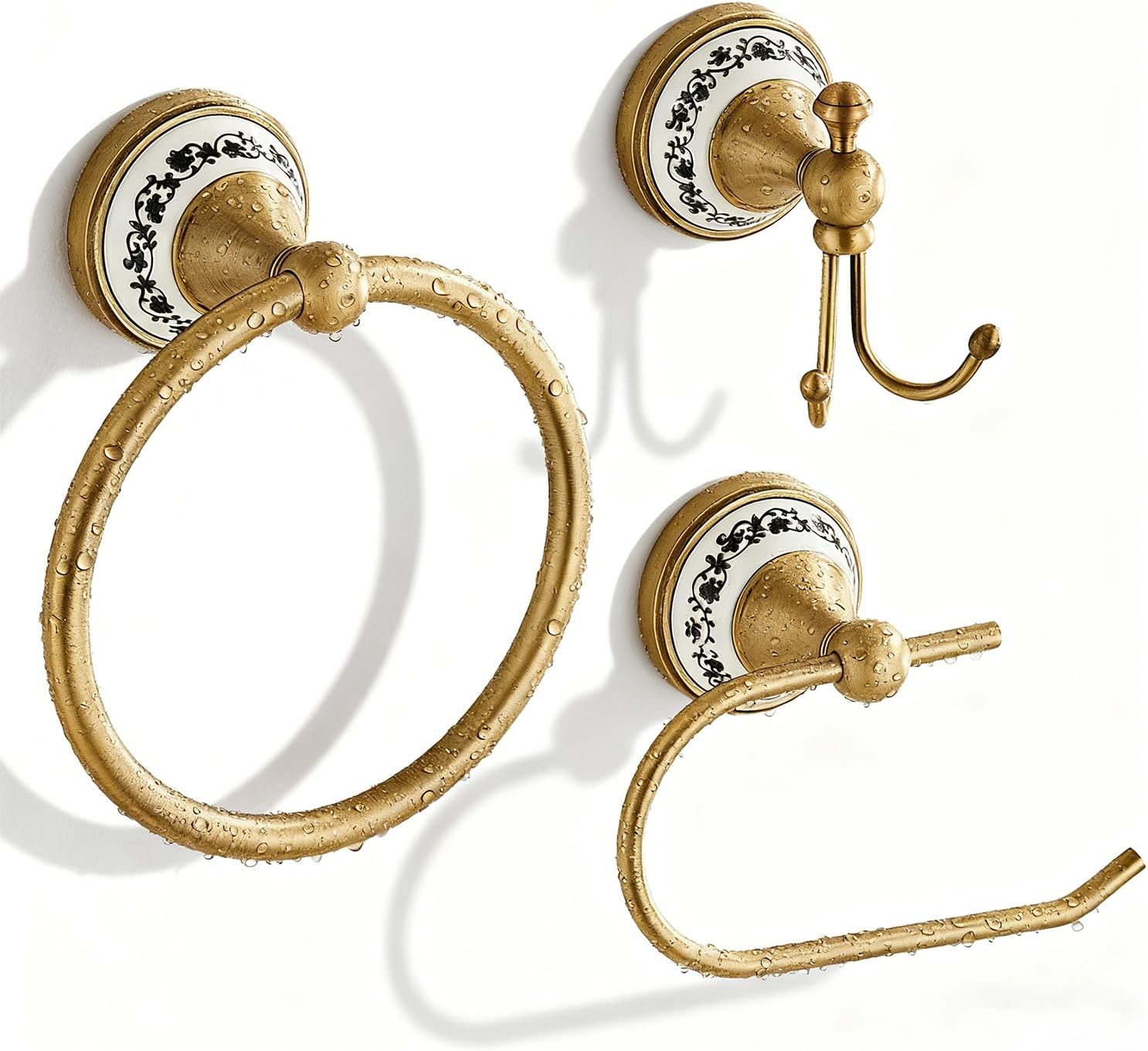 Bathroom Accessories Set, NEWRAIN 3 Pieces Antique Brass Bathroom Hardware Set, Vintage Towel Ring, Hand Towel Racks for Bathroom, Robe Hooks, Toilet Paper Holder Wall Mounted