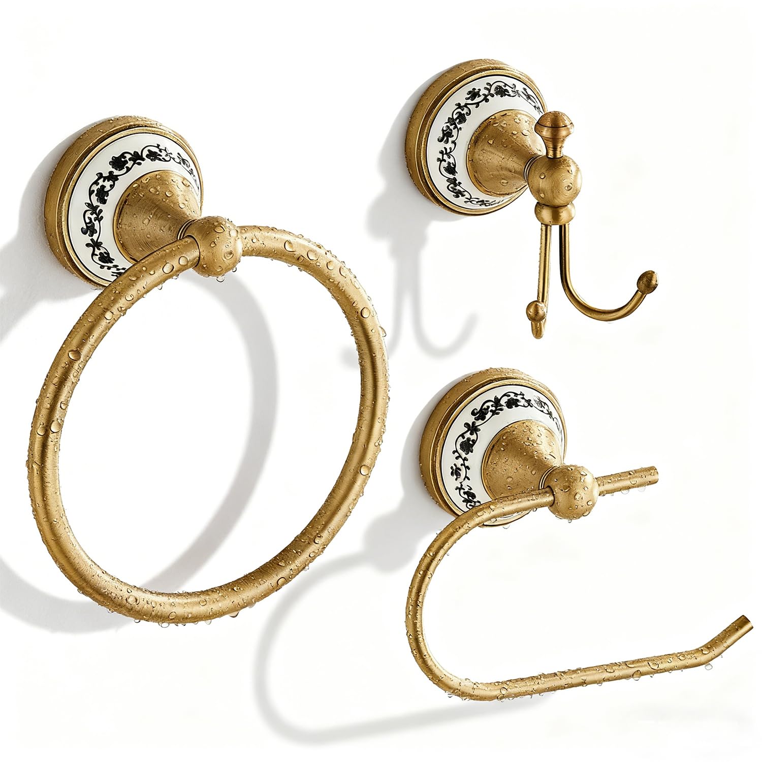 Bathroom Accessories Set, NEWRAIN 3 Pieces Antique Brass Bathroom Hardware Set, Vintage Towel Ring, Hand Towel Racks for Bathroom, Robe Hooks, Toilet Paper Holder Wall Mounted