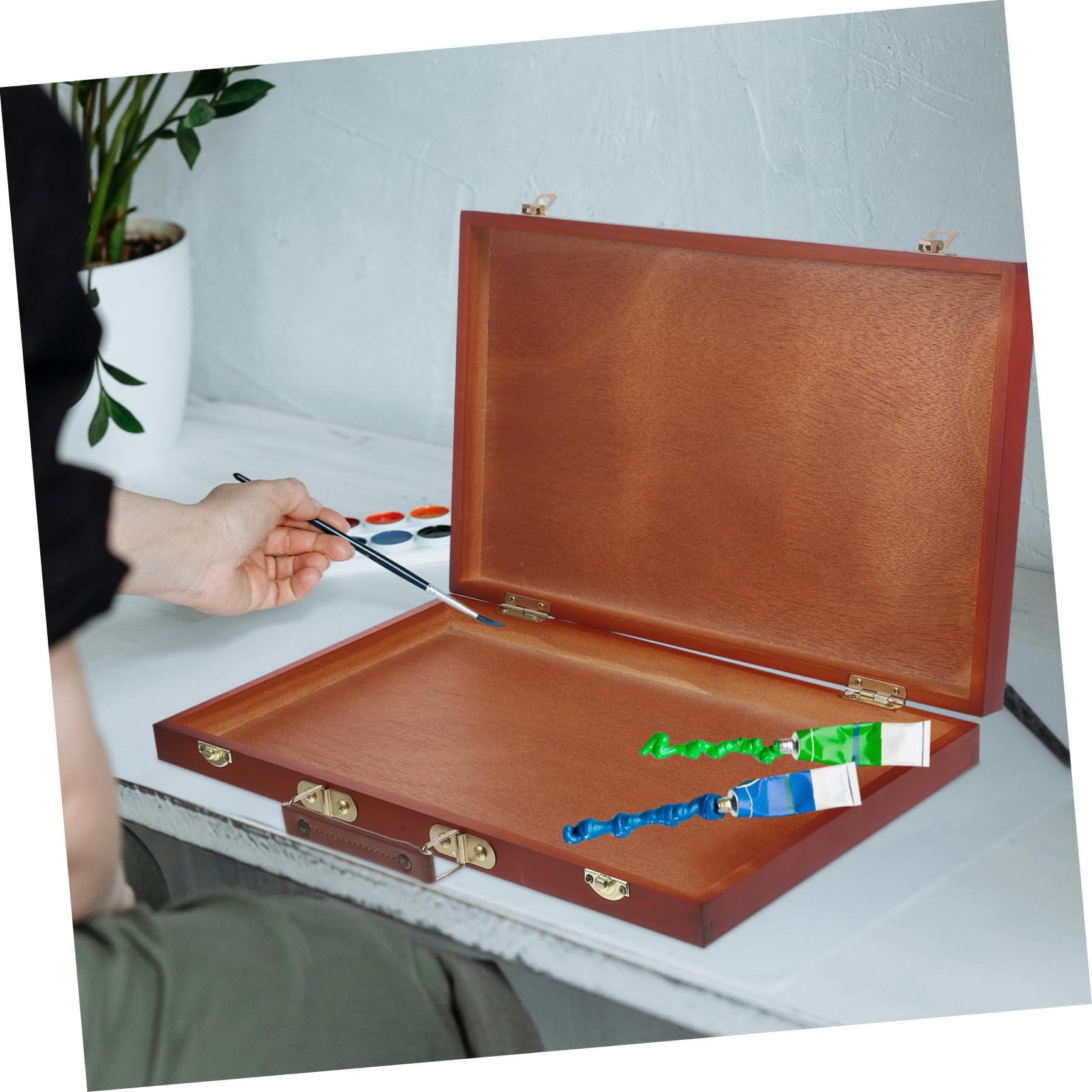 Caja de almacenamiento de madera para artistas con mango para pinturas y herramientas