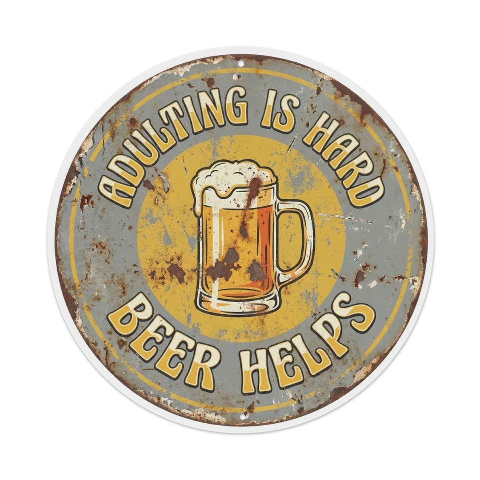 Adulting Hard Basement Beer Metal Tin Sign Plaque Wall Decor for Cafe, Club Bar, Office, Home Garden Round Metal Poster 8x8Inch