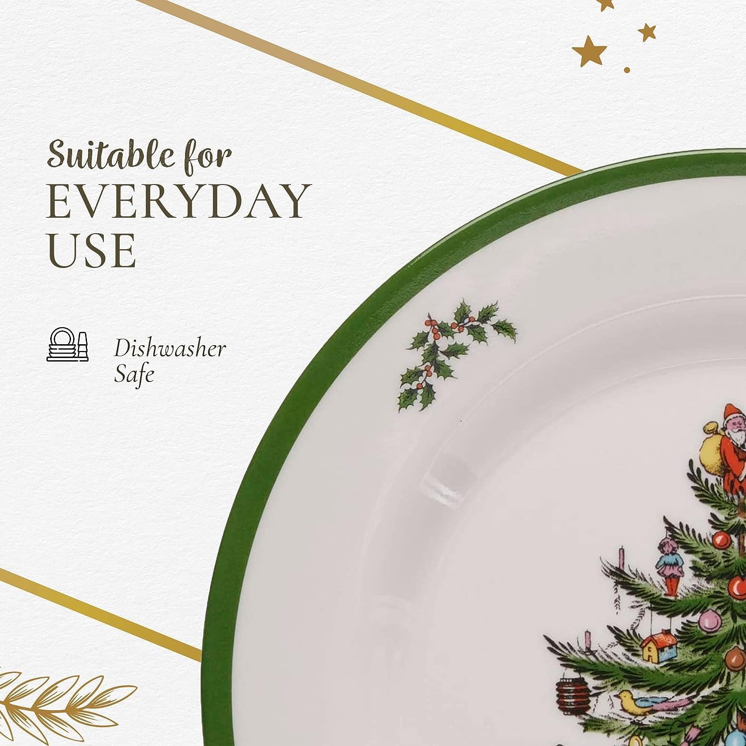 Spode Christmas Tree Melamine Salad Plate (Set of 4) - 8 Inch Shatterproof Serving Plate for Holiday Meals, Holiday Party - Festive Tableware for Indoor & Outdoor Use, Dishwasher Safe Dinnerware