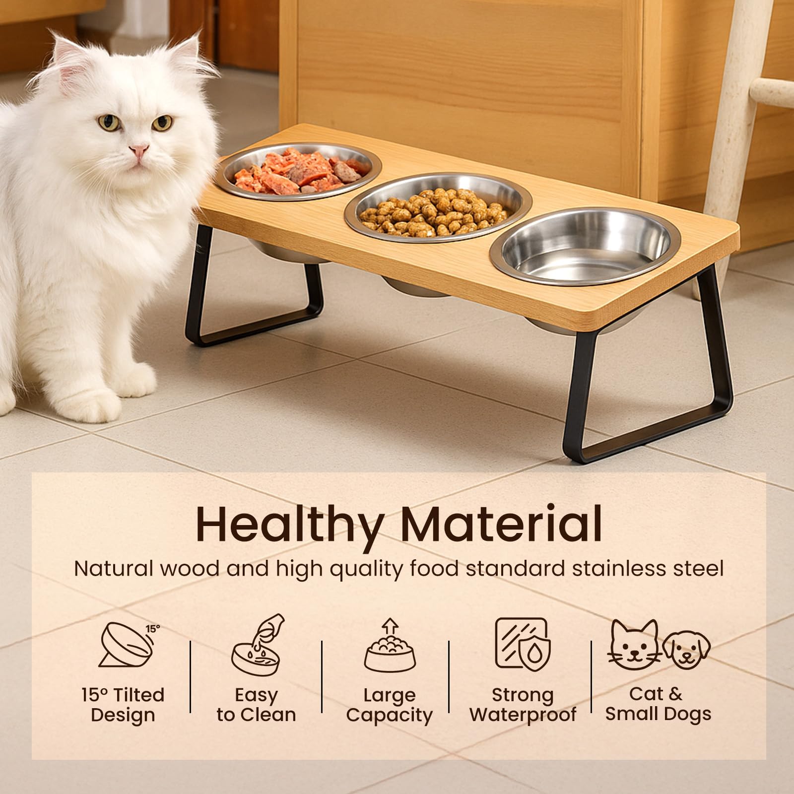 Cuencos elevados ajustables para gatos con soporte, estación de alimentación inclinada de acero inoxidable para gatos y perros pequeños, comedero elevado para mascotas con diseño antideslizante y 3