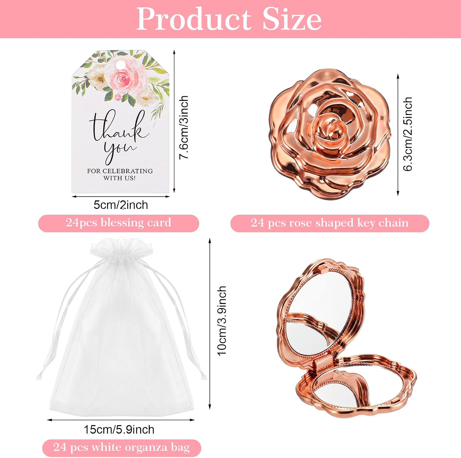 24 Sets Rose Compact Mirrors Bulk, Rose Gold Compact Mirror Party Favors