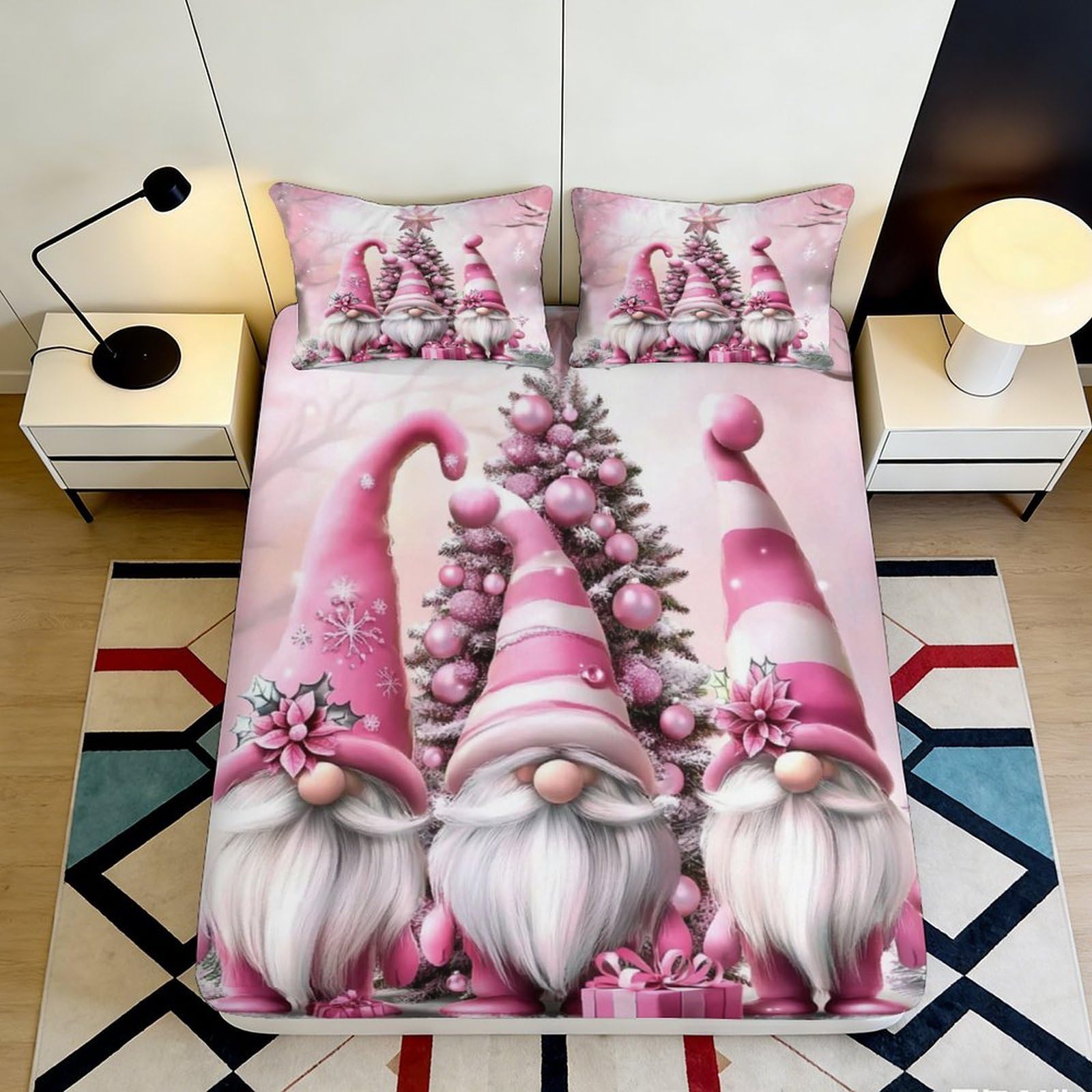 3D Printed Christmas Gnome Fitted Sheet Microfiber Deep Pocket Non-Slip Bedding Full Wrap Christmas Mattress Fitted Cover Washable 200x200x25cm 90x200x25cm