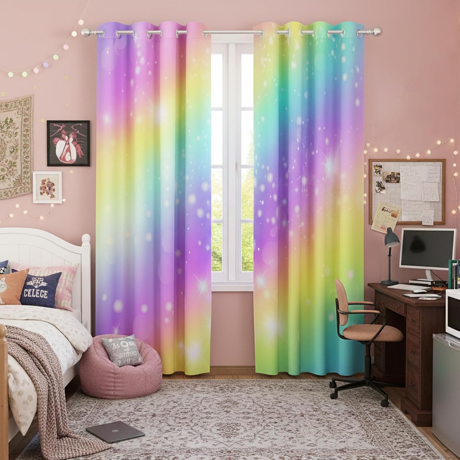 Rainbow Curtains Colorful Ombre Window Drapes Room Darkening Grommet Curtains for Girls Bedroom Nursery Dorm Decor, 2 Panel 42 x 84 inch