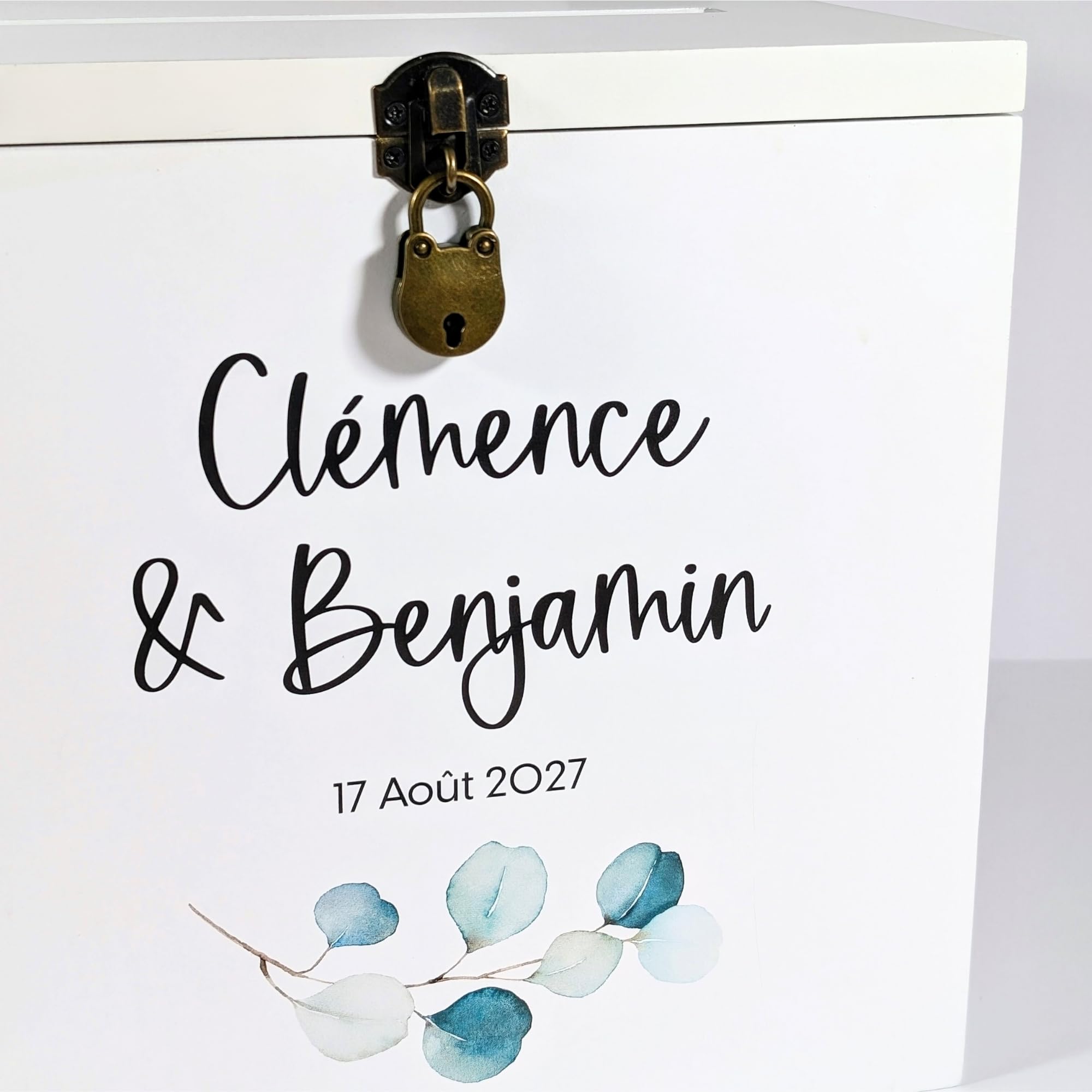 Grande urne Mariage personnalisée en Bois avec Cadenas | 25x25x20 CM | Urne Blanche & Or, Baby-Shower, baptême, Communion, Anniversaire, Retraite - Cagnotte en Bois dorée | TE Whaka