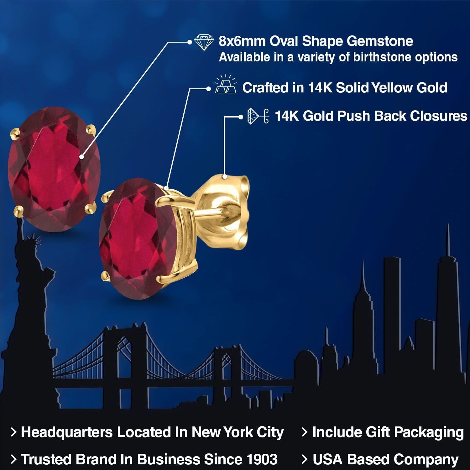 Gem Stone King 14K Yellow or White Gold Oval Gemstone Birthstone Stud Earrings | 8X6MM Oval | Gold Earrings For Women Men | Fine Jewelry Gifts for Her Mom Women Wife