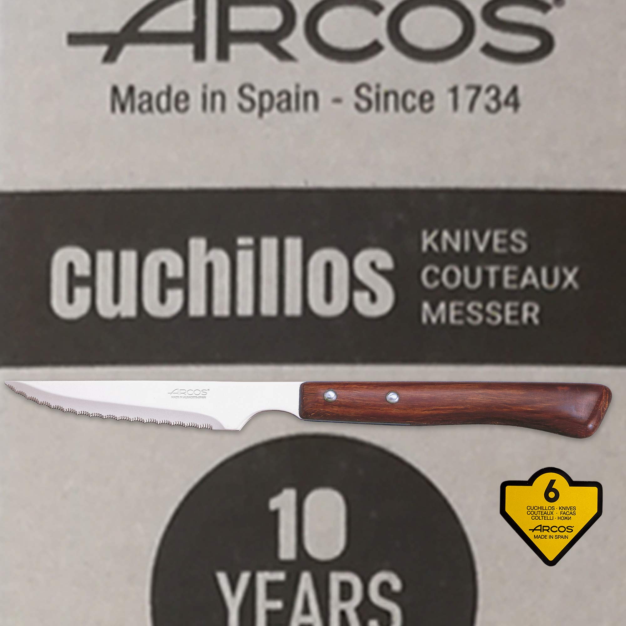 Arcos | cuchillos chuleteros cuchillo madera cuchillo chuletero | 6 Piezas | juego cuchillos carne | cuchillos mango madera | Envase Eco | Fabricado en España