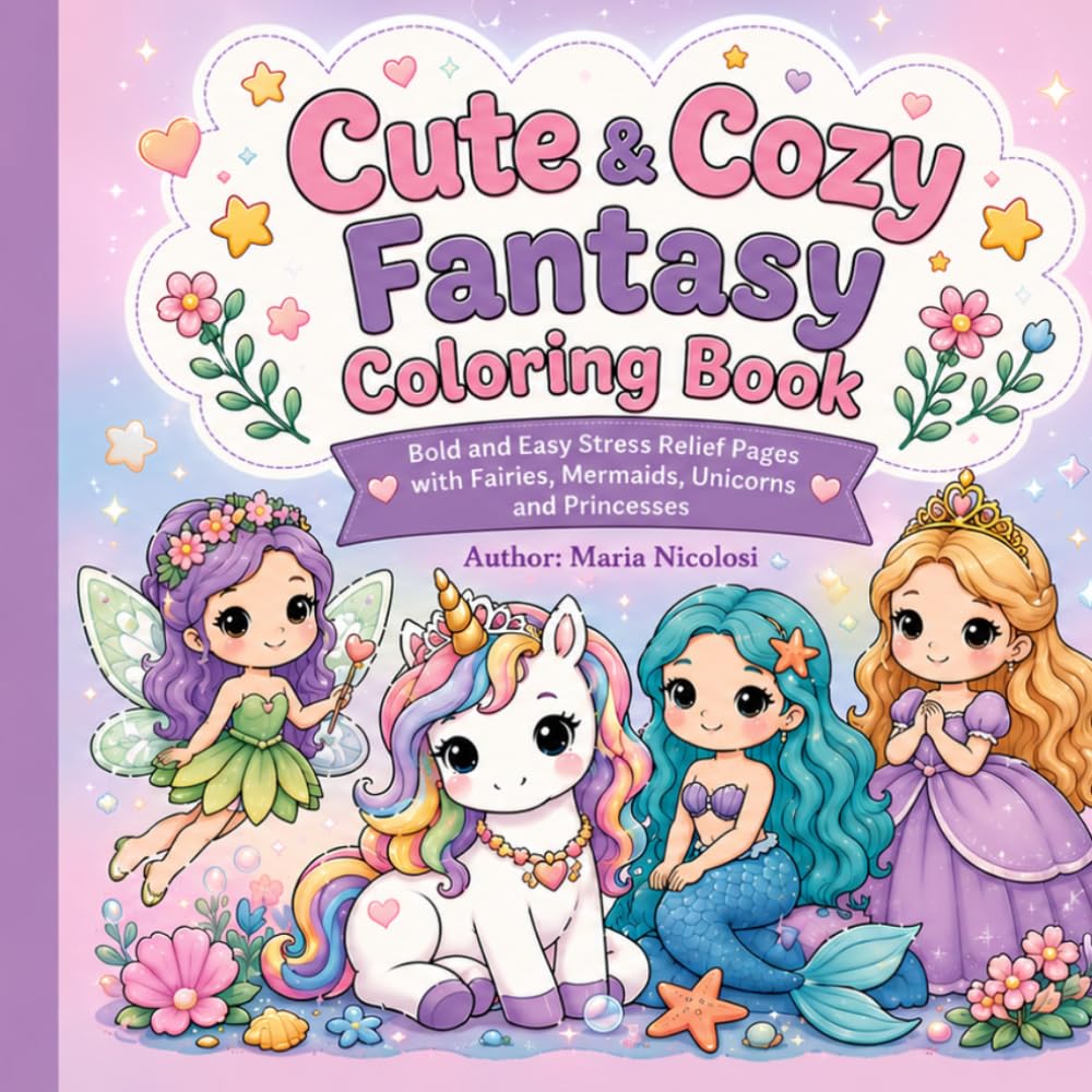 Cute & Cozy Fantasy Coloring Book: Bold and Easy Stress Relief Pages with Fairies, Mermaids, Unicorns and Princesses