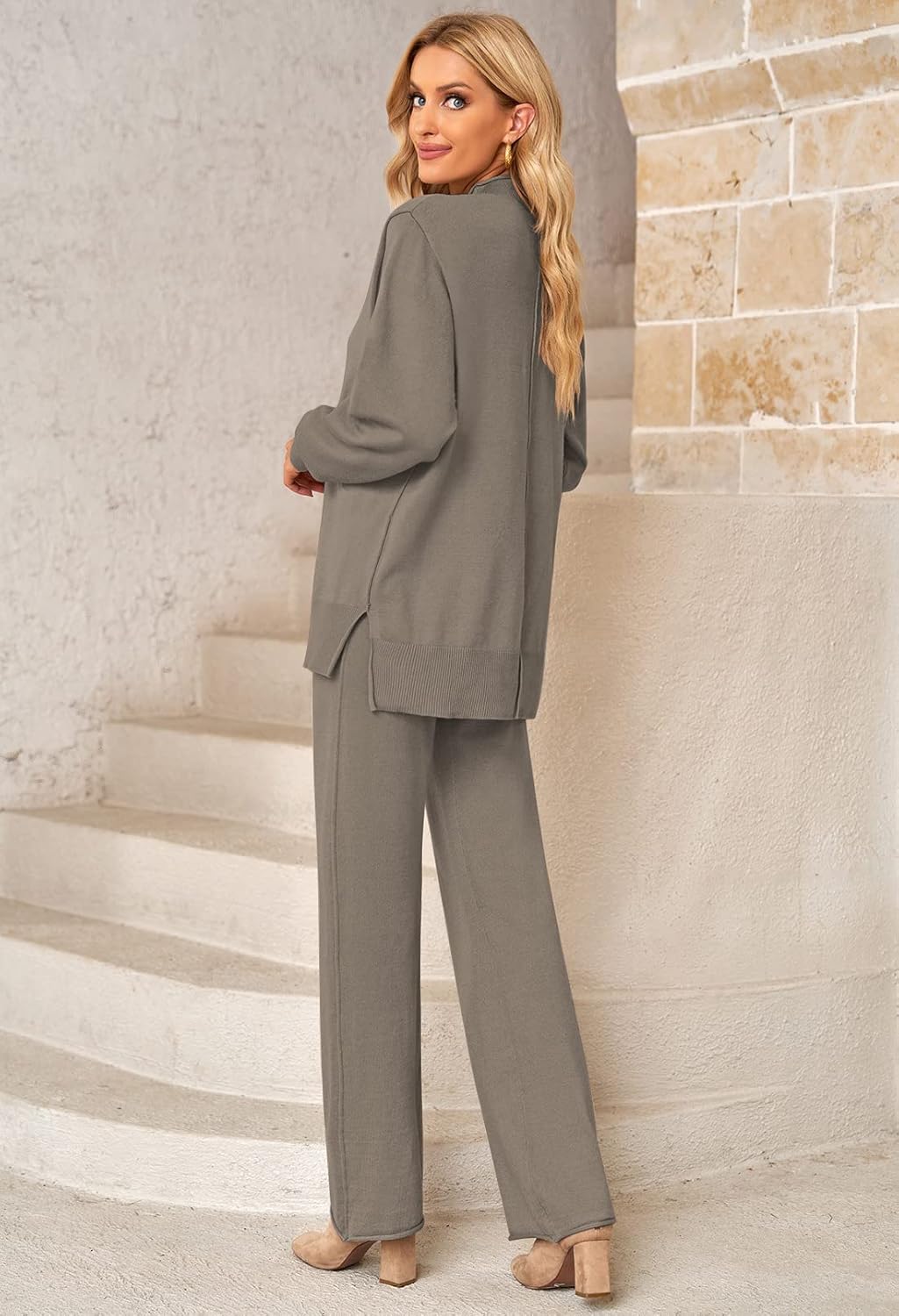 Viottiset Women's 2 Piece Outfits Sweater Set Wide Leg Pants High Neck Sweatsuit Loungewear - Image 7