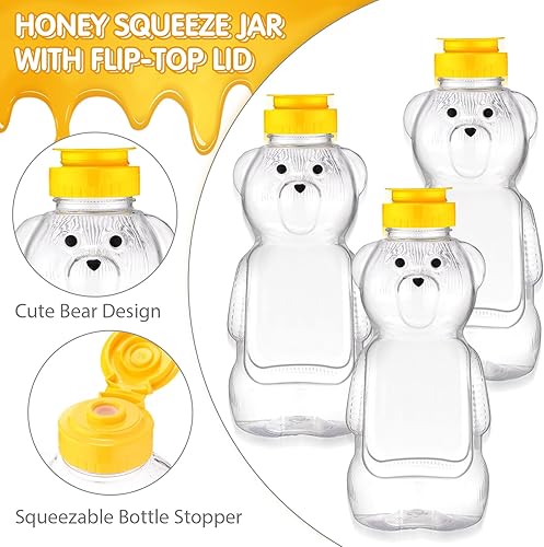 Miniatura 3 de Thenshop 36 botellas vacías de plástico de oso de miel, botella exprimible de miel con tapa superior amarilla abatible en forma de oso, recipientes