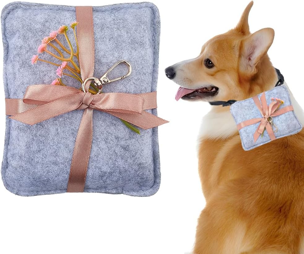 Dog Ring Bearer Wedding Pillow with Collar and Alloy Clasp Felt Pillow with Lace and Artificial Flower Ring Holder Pouch Box for Wedding Engagement Proposal Party Accessory