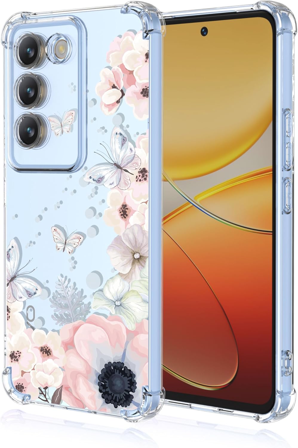 for Vivo Y200e 5G Case,Vivo Y100 5G Case,Vivo V40 Se 5G Case with Clear Floral Pattern,Shockproof Soft Case for Vivo Y200e 5G,Vivo Y100 5G,Vivo V40 Se 5G,Pink Flowers Butterflies,Y200e 5G