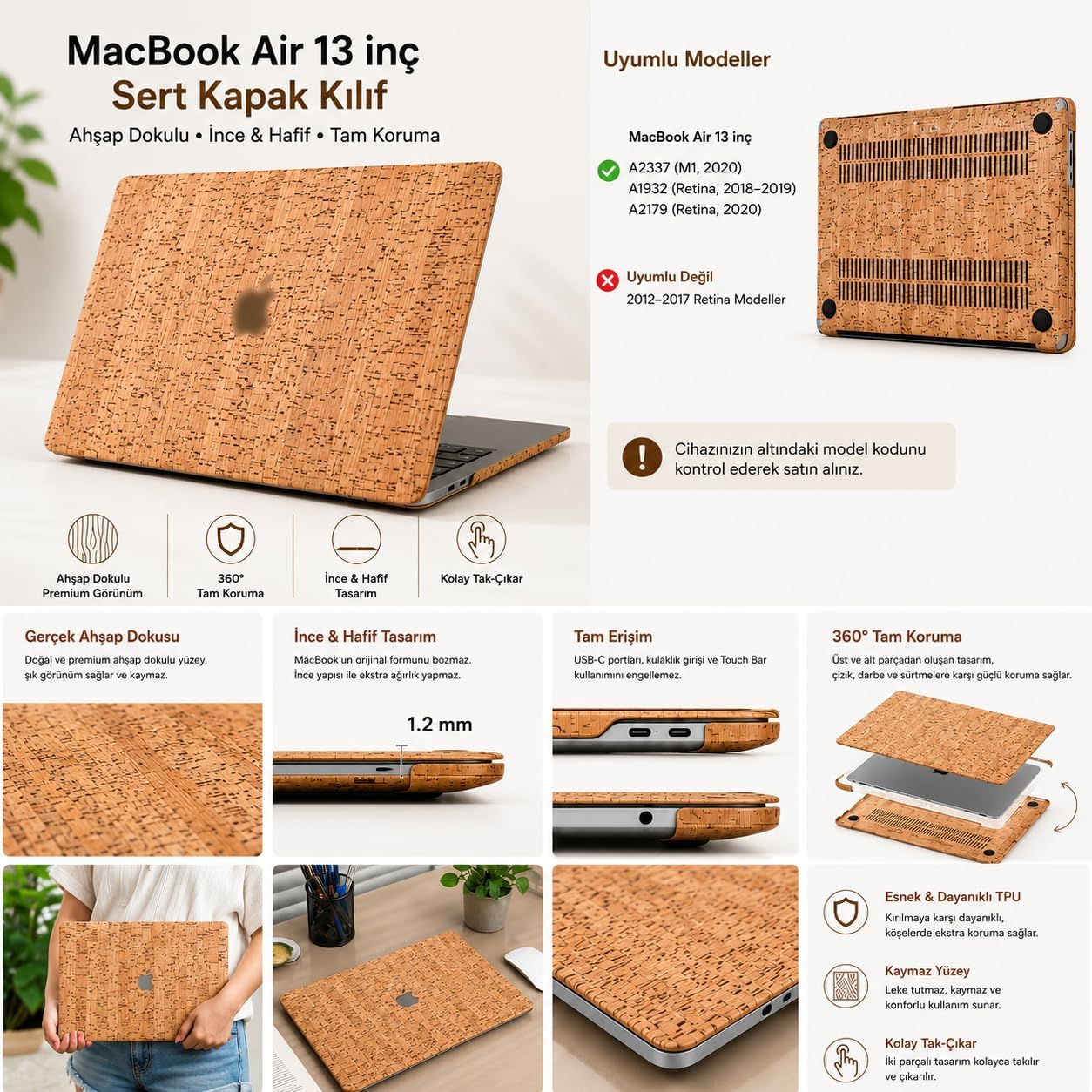 McStorey MacBook Air M1 Kılıfı A2337 A2179 A1932 Uyumlu 13.3 İnç Hard Case Sert Kapak 360° Koruma İnce Hafif Ahşap Dokulu MacBook Air Kılıfı Kahverengi