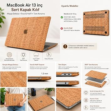 McStorey MacBook Air M1 Kılıfı A2337 A2179 A1932 Uyumlu 13.3 İnç Hard Case Sert Kapak 360° Koruma İnce Hafif Ahşap Dokulu MacBook Air Kılıfı Kahverengi