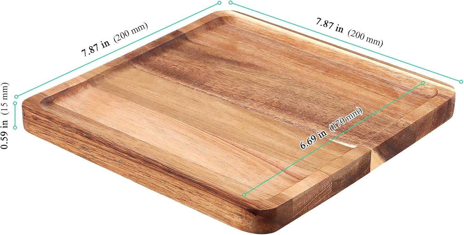 6 Pack 8 x 8 Inch Square Wooden Serving Tray, Wood Plate Platter 0.6 Inch Thickness for Home, Coffee, and Cheese