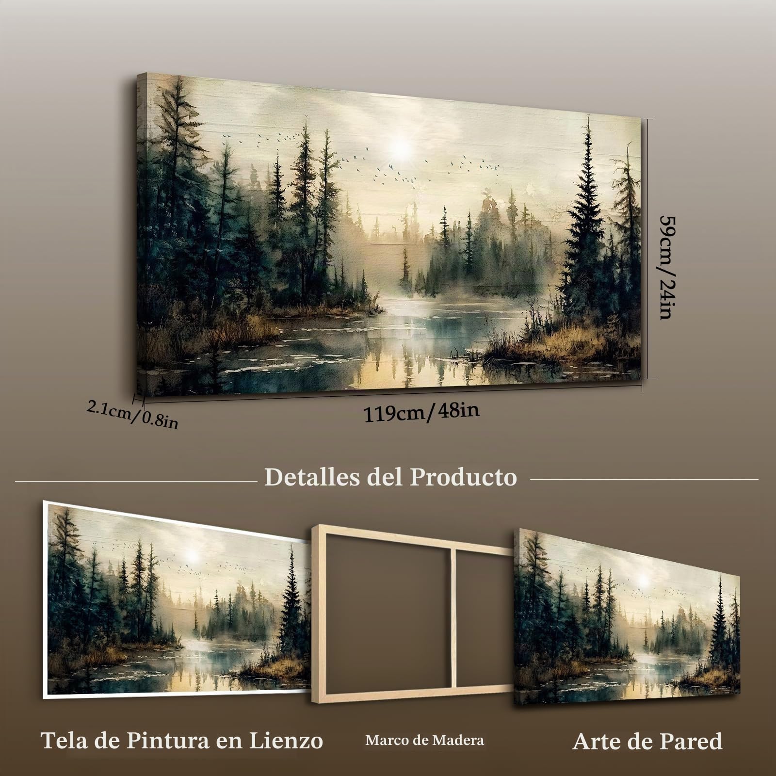 JHHUAMO Cuadros Decorativos Bosque Paisaje Sala Dormitorio 59x119 cm | Motivo y Río Neblina, Artesanía Exquisita, Material de Calidad, Impresión Hd, Instalación Sencilla, Uso Polivalente