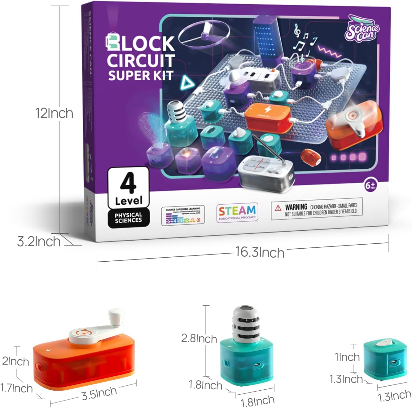 A transparent circuit base plate with several colorful electronic modules connected by white wires, demonstrating a basic circuit setup.