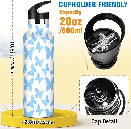 Miniatura 2 de BPA-Free Leak Proof Sports Water Bottle with Straw Lid Fashion Blue Butterfly White Vacuum Insulated for Travel and Sports botellas de acero