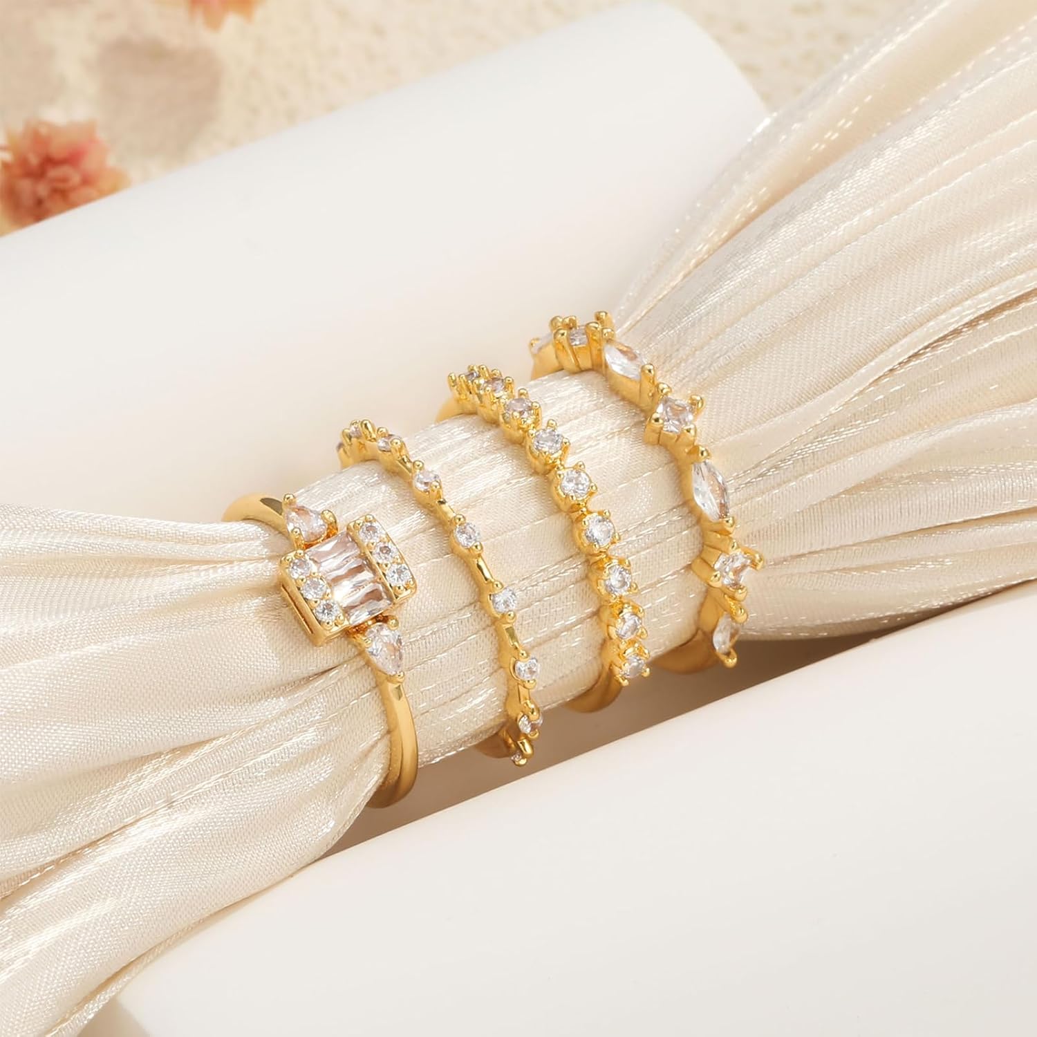 KAERUN Stackable Gold Rings for Women Non Tarnish Dainty 14K Gold Plated Thin Cubic Zirconia Thumb Ring Set Stack Trendy Statement Promise Wedding Bands Engagement Rings for Women Size 6 7 8 9 10 - Image 4