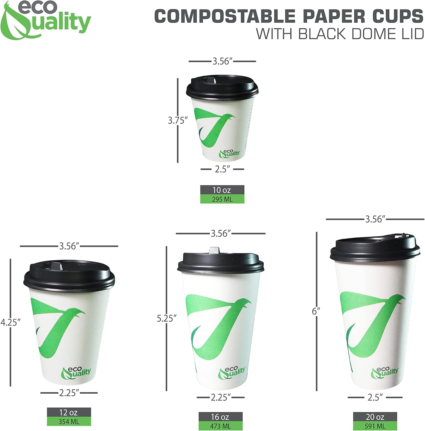 12 oz Compostable Paper Cups with Black Dome Lids - Biodegradable Disposable White Paper Coffee Cups PLA Lined - Eco-friendly Hot and Cold Drinking Cups (25)