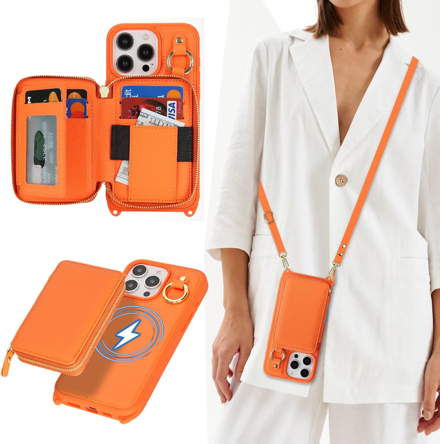 Cavor for iPhone 16 Pro Max Wallet Case with Card Holder for Women Men, for iPhone 16 Pro Max Case with Strap, Crossbody Lanyard Phone Case, Magnetic Detachable Compatible with Magsafe-Orange