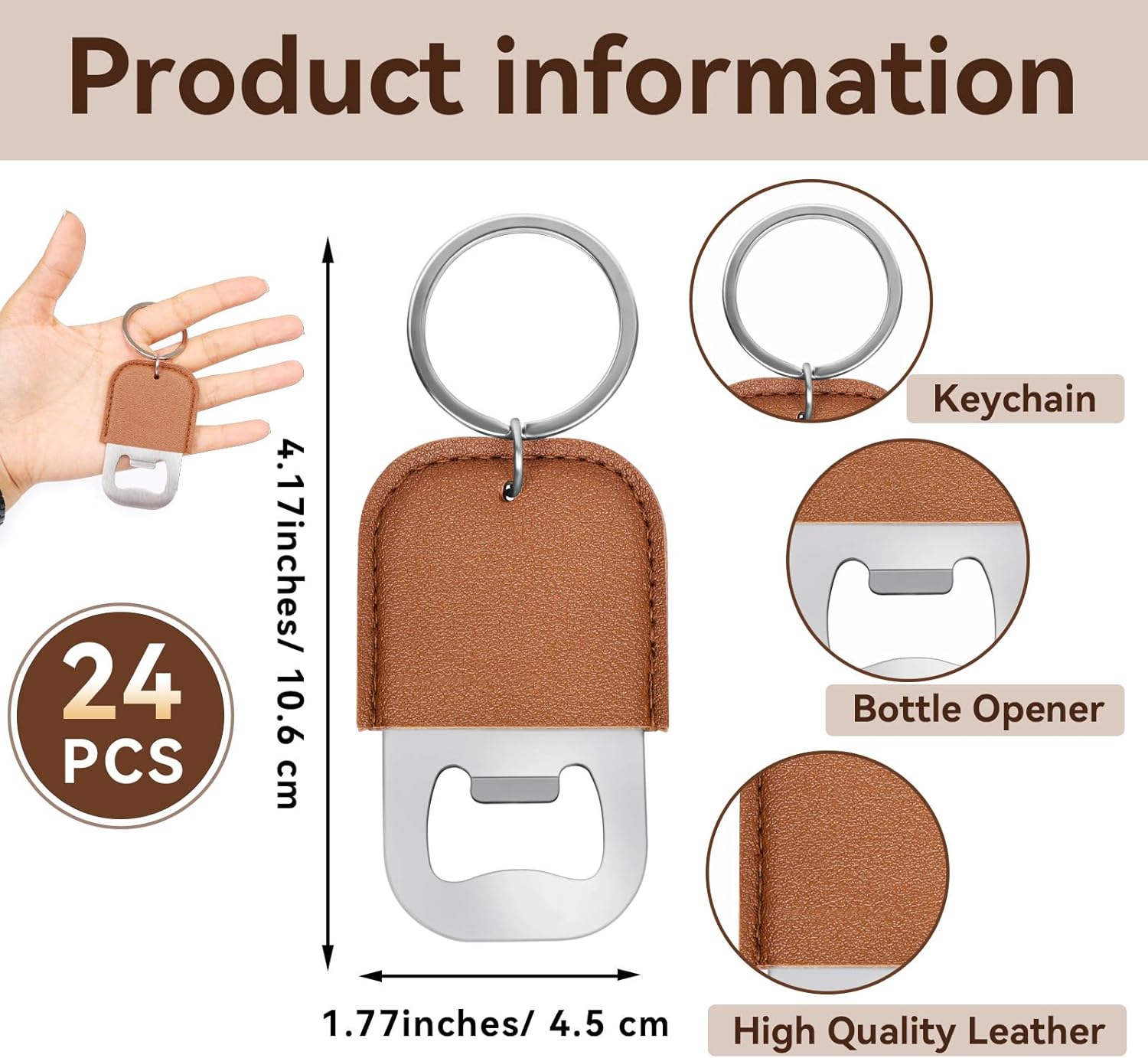 24 pcs Stainless Steel Bottle Opener with PU Leather Keychain Mini Metal Bottle Opener for Bartender Kitchen Bar Restaurant Creative Gift