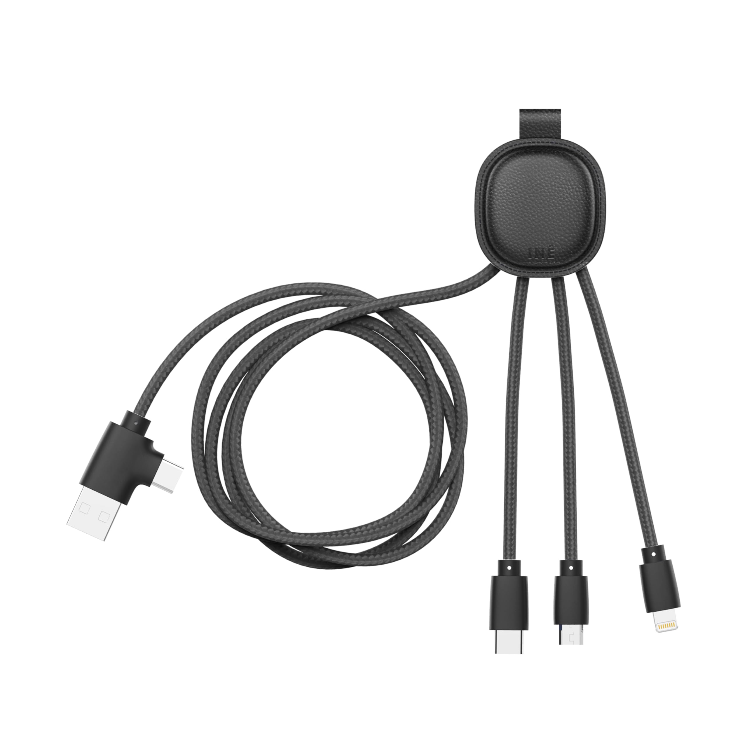 Xoopar Kabel Multi USB 4 w 1 USB-C, USB, Lightning, Micro USB - Iné Smart Long 1m - Skórzana funkcja NFC z recyklingu do ładowania smartfonów iPhone, Samsung, Huawei, Xiaomi, LG, czarny