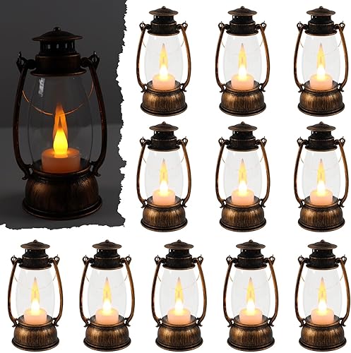 12 mini faroles decorativos con velas LED parpadeantes, linterna occidental pequeña de 6 pulgadas para centro de mesa, portavelas colgantes vintage