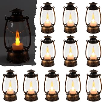 24pcs Brown/Red Mini LED Candle Lanterns, Flickering, Battery Operated, Tabletop Mount, Rustic Finish, Perfect for Weddings, Parties, Holidays