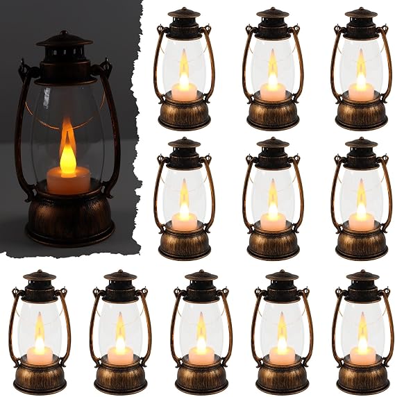 24pcs Brown/Red Mini LED Candle Lanterns, Flickering, Battery Operated, Tabletop Mount, Rustic Finish, Perfect for Weddings, Parties, Holidays