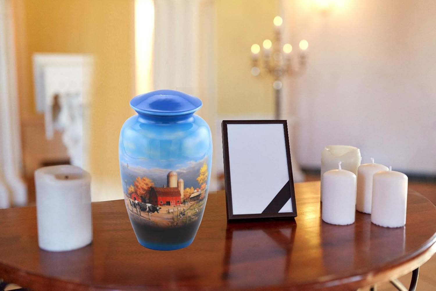 Eternitymart's Aesthetic Painted Cremation Urn - Affordable Metal Urn - Hand Painted Solid Metal Urn for Ashes, Adult Cremation Urn with Free Velvet Bag (Farm)