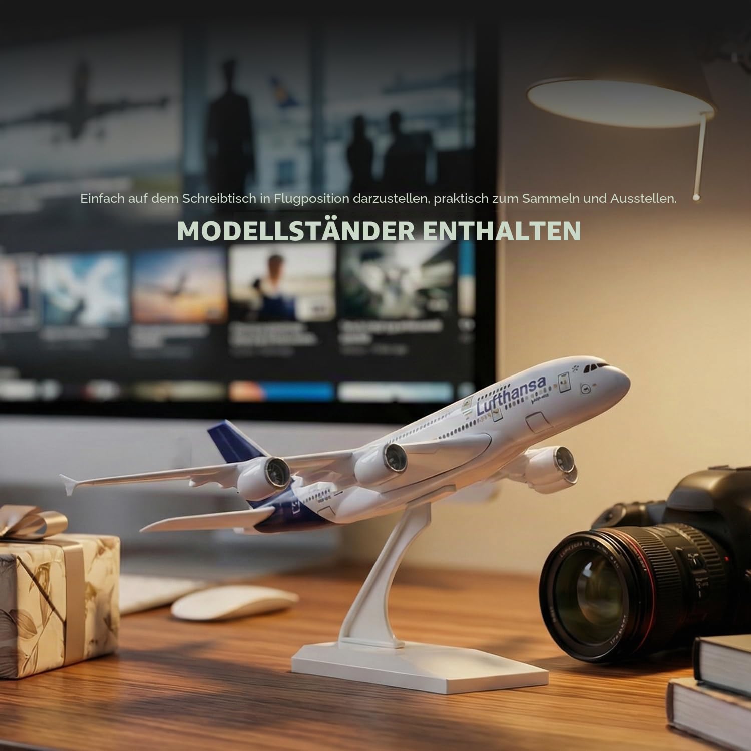 kolotesame Flugzeugmodell im Maßstab 1:280, kompatibel mit Lufthansa Airbus A380, Schnellbausatz aus Kunststoff mit Ständer, 25,5 cm lang, ideal zum Ausstellen oder Verschenken.