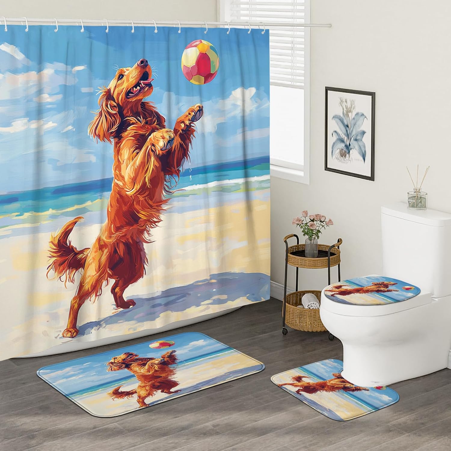 4PCS Irish Setter Dog Bathroom Accessory Sets with Non-Slip Rug, U Shape and Toilet Lid Cover Mat, Funny Puppy Animal Beach Cartoon Kids Bathroom Decorative-72''x72''
