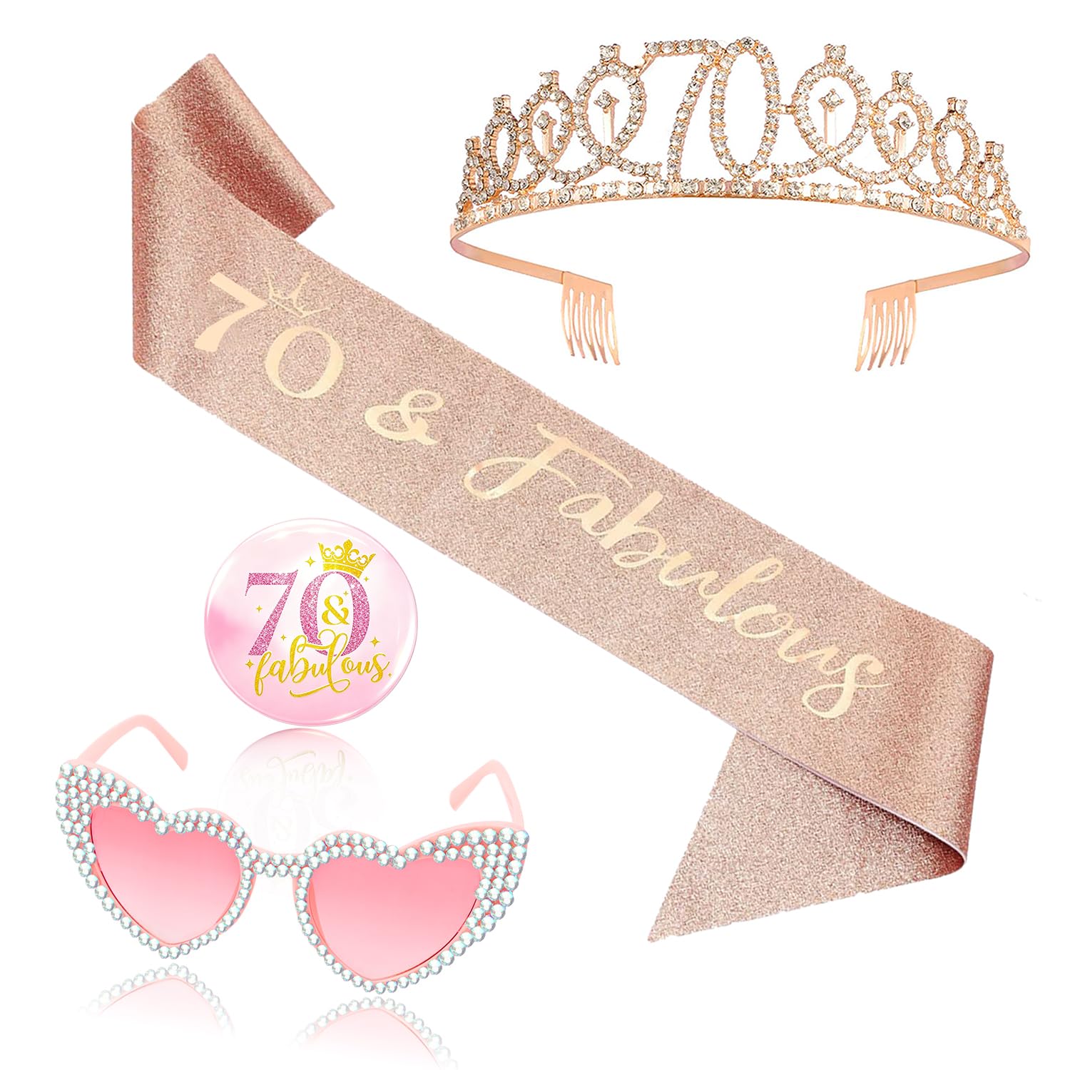 OLOSONG 70th Birthday Party Accessories Set - 4 Pcs Rose Gold Birthday Crown & Badge, Heart Shaped Pink Diamond Glasses, 70th Birthday Decorations Gifts for Women