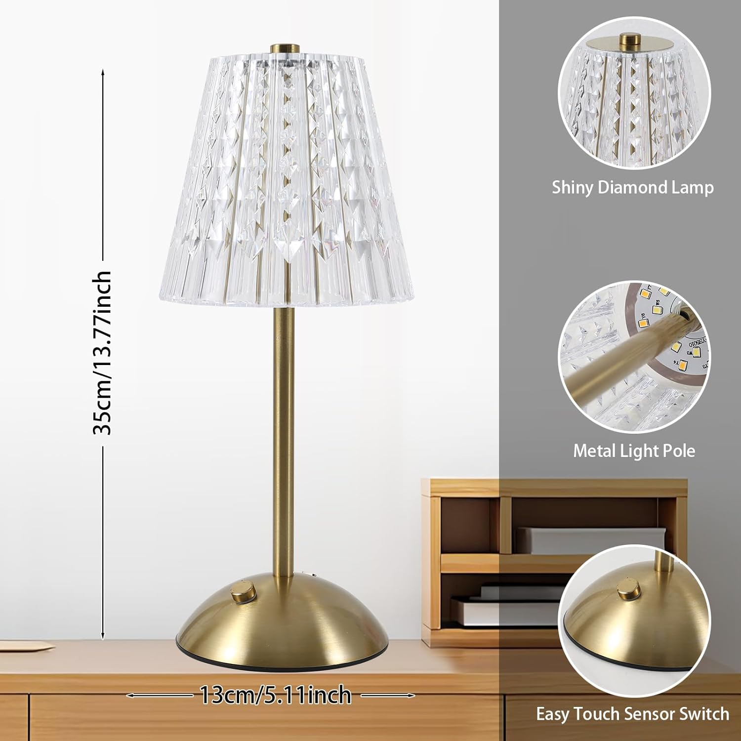 Cordless lamp,Dimmable Crystal Table Lamp 3 Colors LED Gold Lamp,Touch Lamp Diamond Crystal Lamp, Rechargeable Small Lamp, Wireless Lamp Vintage Lamp for Bedroom Living Room Bathroom Hotel Bar