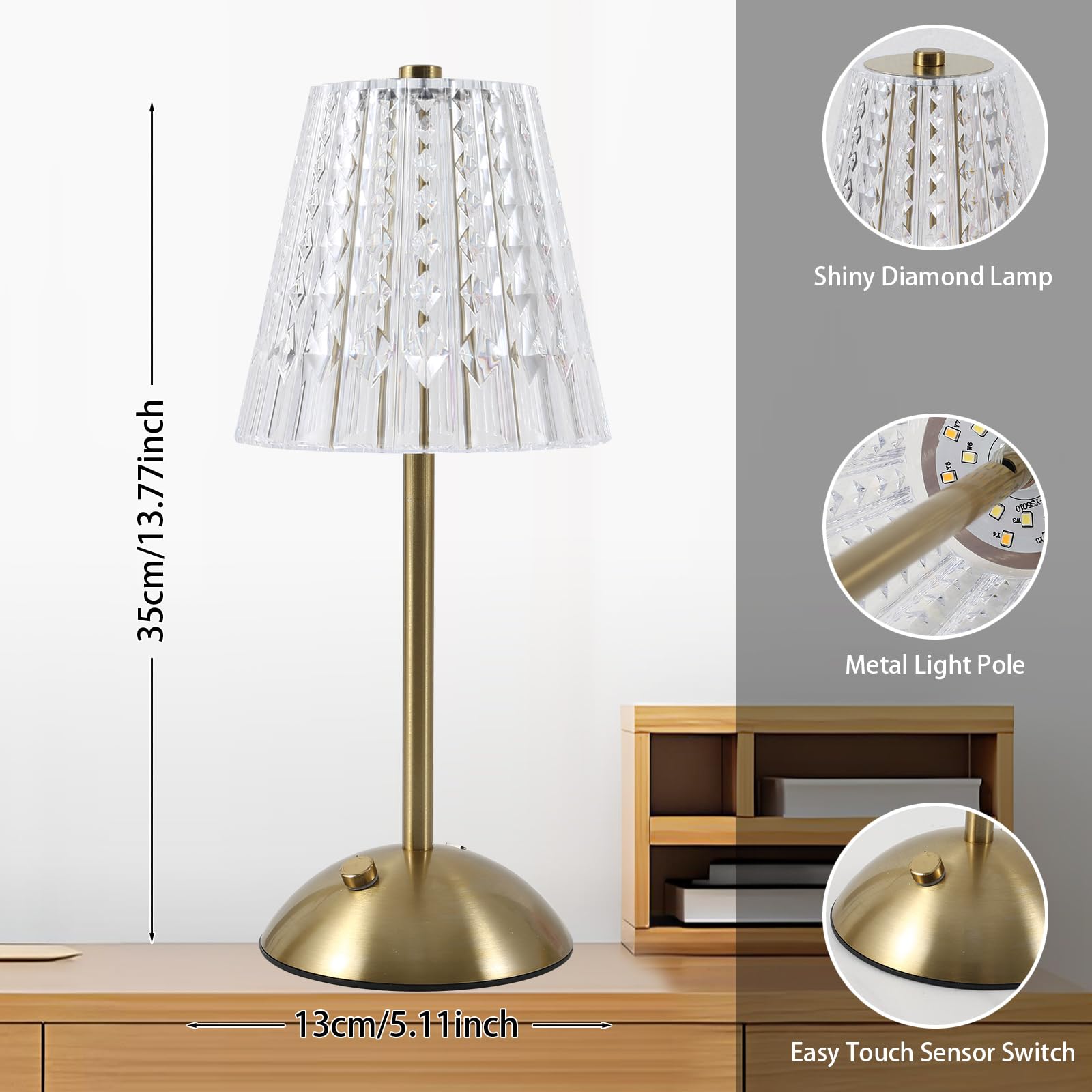Cordless Rechargeable Touch Lamp - Dimmable, 3 Light Colors, 2000mAh Battery, Vintage Crystal Design, For Bedside & Decor - View #8
