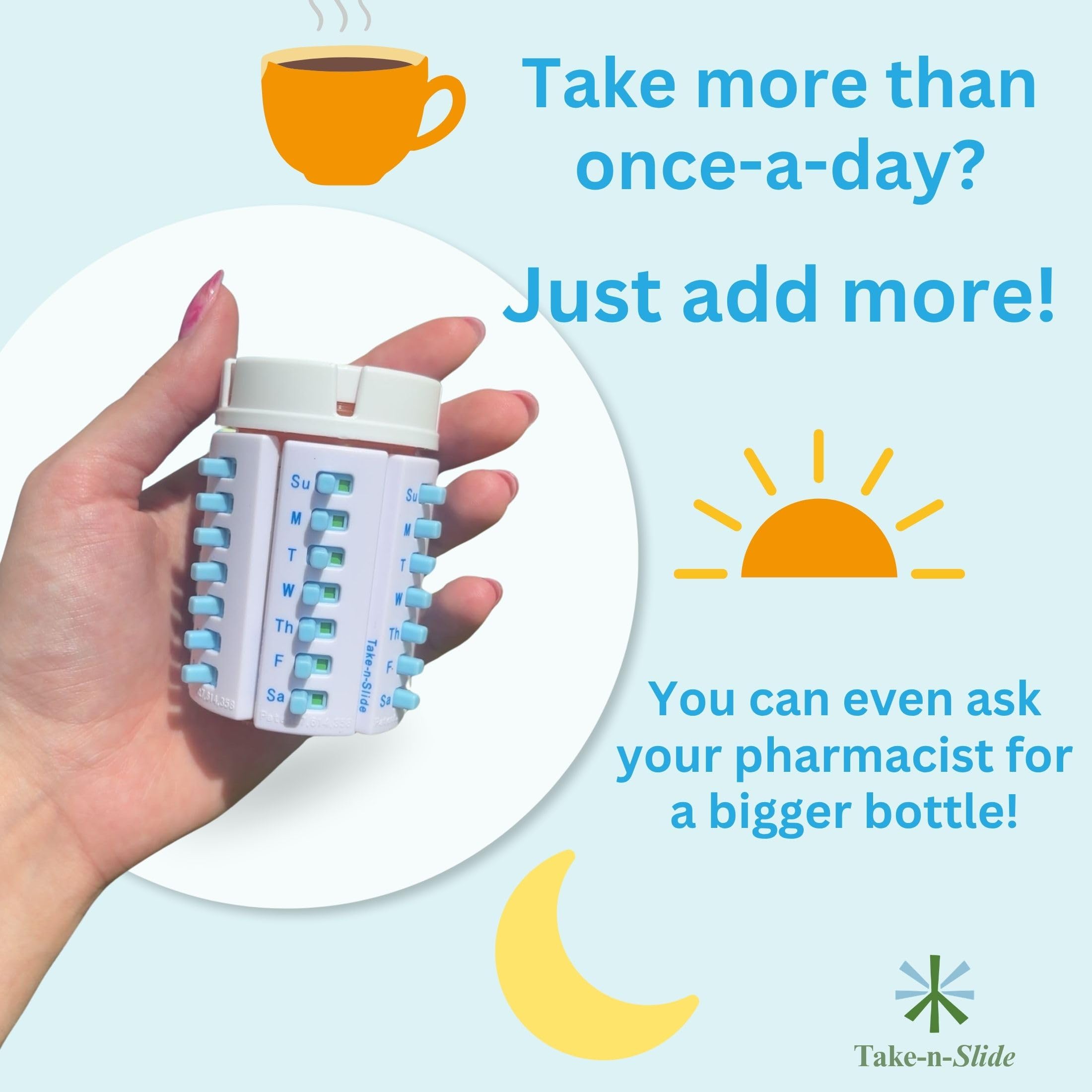 Take-n-Slide - Paquete de 5 rastreadores de medicamentos y recordatorios, reutilizables para despegar y pegar, se adhieren a tu botella, medicamentos para 7 días, vitaminas, mascotas, organizador de