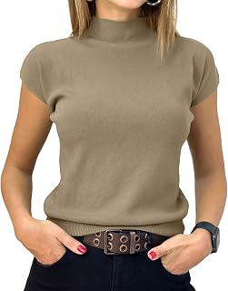 Womens Short Sleeve Sweater Mock Neck Summer Casual Basic Knit Slim Fitted Pullover Tops Shirt