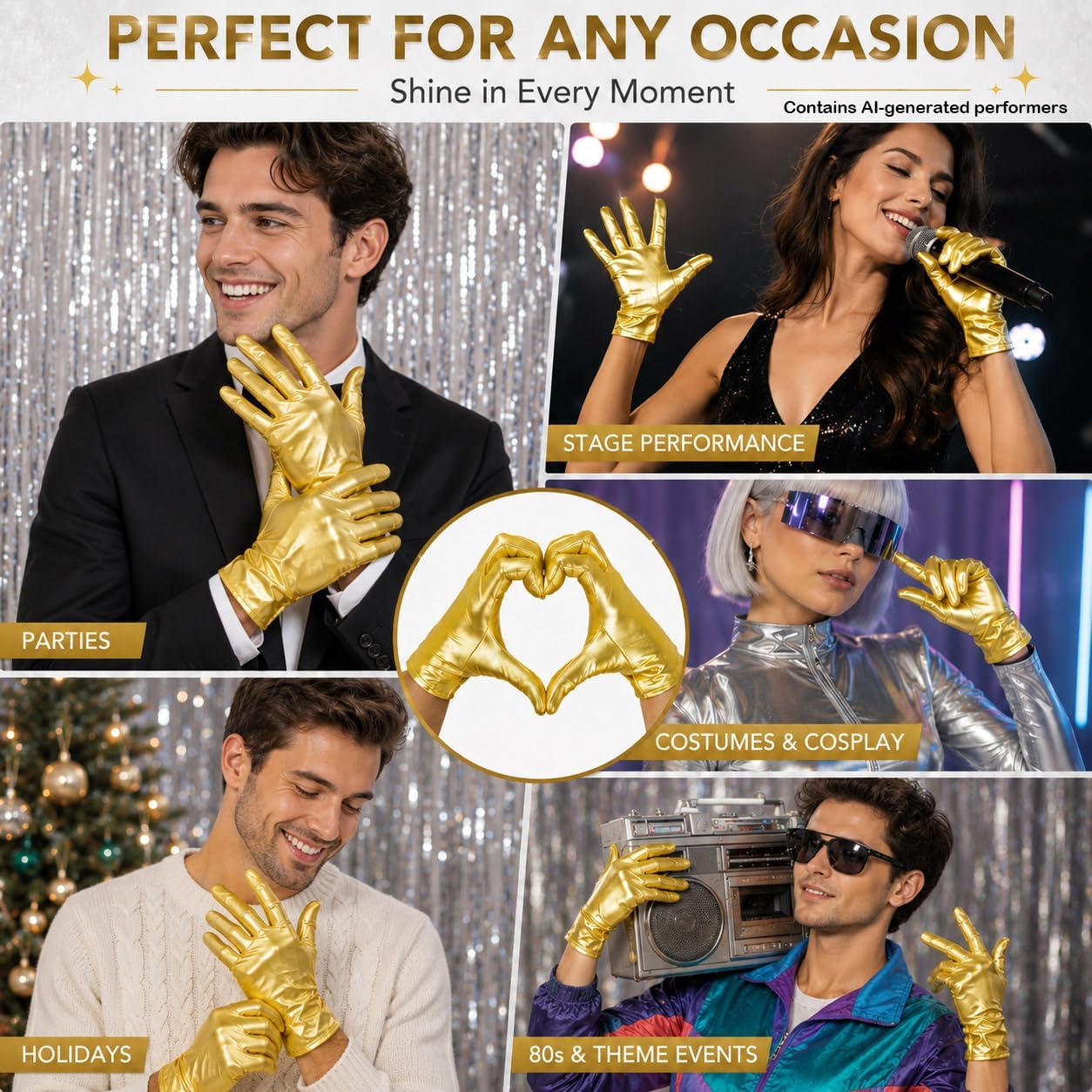 Chendvol Men's and Women's Shiny Metallic Wrist Length Costume Gloves Halloween Cosplay Hand Accessories