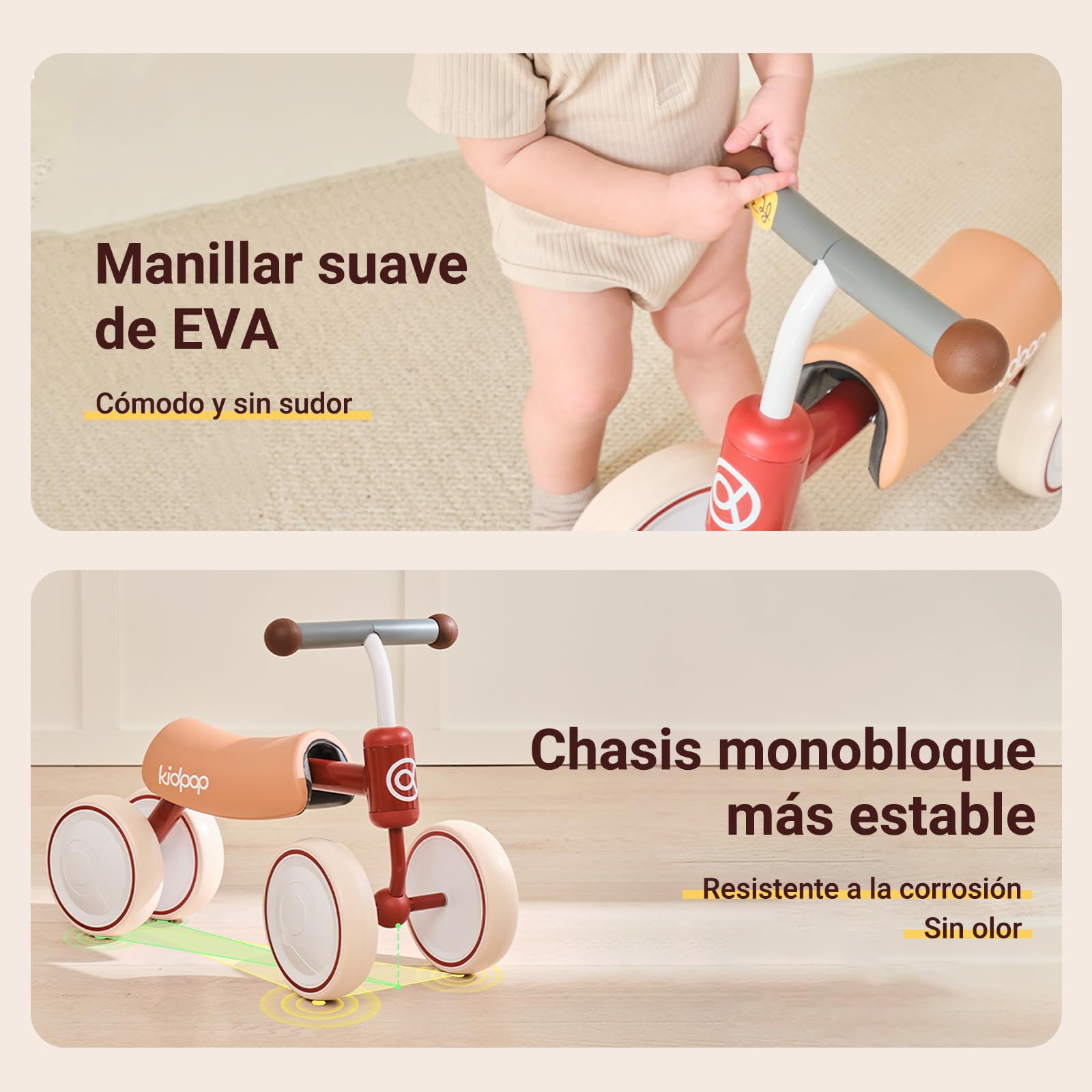 kidpop Big Bee Bicicleta sin Pedales, Bicicleta de Equilibrio, Juguete Bebés de 1 a 2 años, 4 Ruedas de EVA Balance Bike, Asiento Desmontable