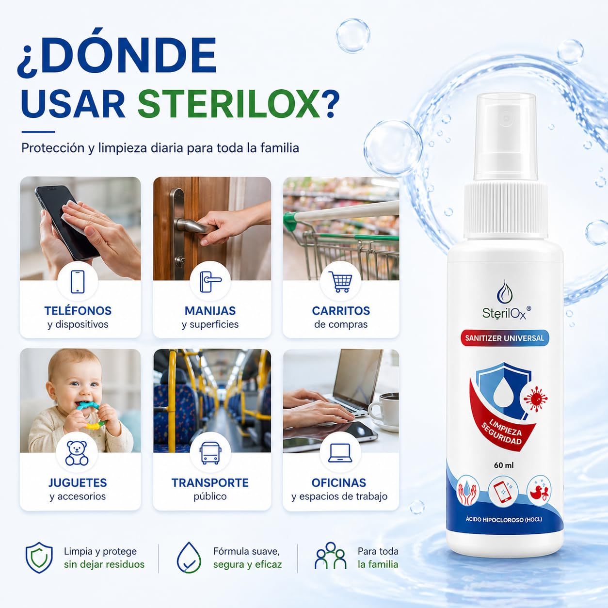 Spray 3 x 60 ml – Solución Cosmética con Ácido Hipocloroso | Para Manos, Juguetes, Utensilios y Objetos | Seguro para Niños y Mascotas – Sin Alcohol ni Perfume