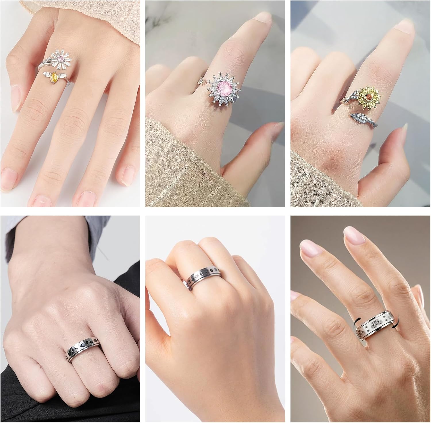 6 Pieces Women's Anxiety Rings Fidget Spinning Anxiety Rings Adjustable Anxiety Rings for Women Anxiety Adjustable Anti-Anxiety Rings Unisex